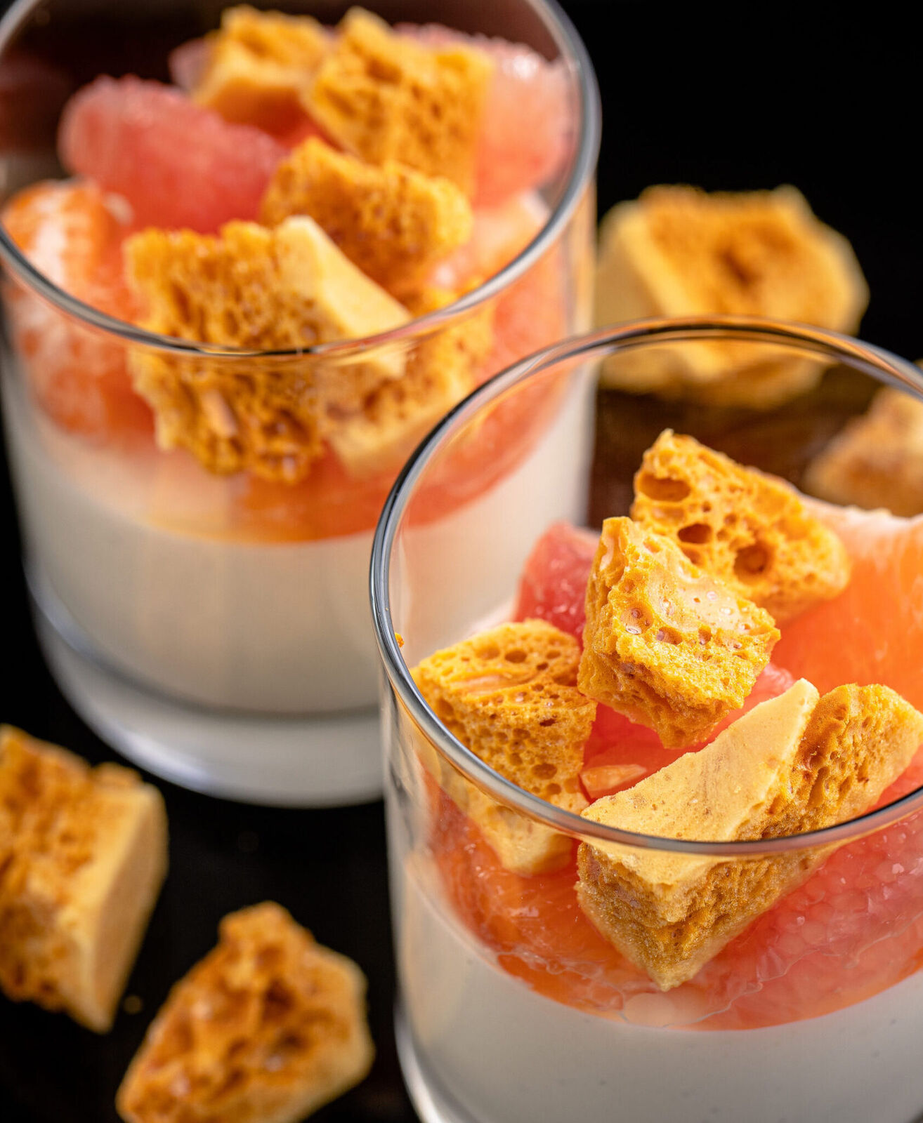 Honeycomb and grapefruit dessert served in glasses at Gross Confection Bar